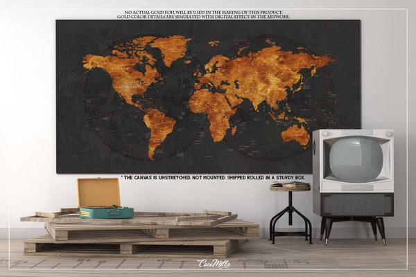 World Map CANVAS Print Extra Large Copper World Art Push Pin Travel Map Rustic World Map Antiques Map Art Wanderlust Pushpin Trawel Map-1236