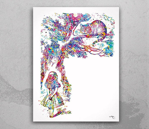 Alice and Cheshire Cat Watercolor Print Girl Kids Room Decor Print Childrens Wall Art Nursery Home Decor Wall Hanging Teen Room Decor-2204