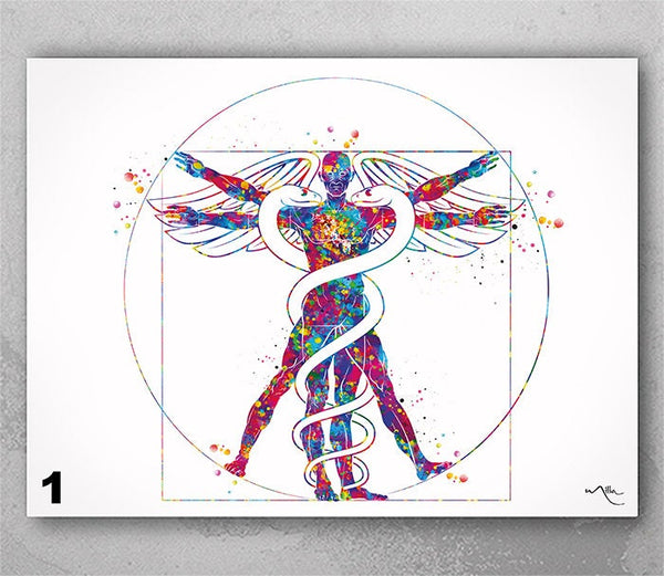 Caduceus Medical Vitruvian Man Leonardo Da Vinci Watercolor Print Wall Decor Medical Sign Art Decor Wall Hanging Human Anatomy Art-2698