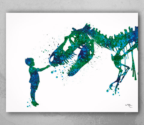 Boy and Dinosaur Watercolor Print Little Boy and T-Rex Poster Blue Tyrannosaurus Rex Wall Art Nursery Kids Room Child Personalised Gift-1804