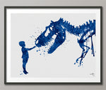 Boy and Dinosaur Watercolor Print Little Boy and T-Rex Poster Blue Tyrannosaurus Rex Wall Art Nursery Kids Room Child Personalised Gift-145