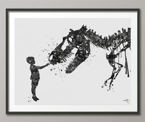 Boy and Dinosaur Watercolor Print Little Boy and T-Rex Poster Black White Tyrannosaurus Rex Wall Art Nursery Kids Room Personalised Gift-146