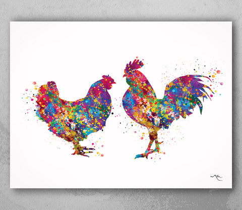 Chicken and Rooster Couple Watercolor Print Housewarming Gift Mr & Mrs Nursery Animal Decor Farm Animal Family Gift Farm Country House-1695