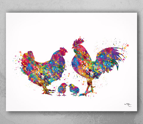 Chicken Family Watercolor Print Housewarming Gift Family Love Nursery Chicken and Chicks Hen and Baby Chicks Farm Animal Country House-1709