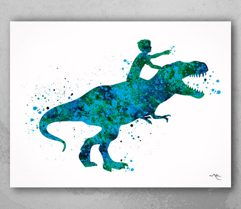 Dinosaur Rider Boy Watercolor Print Little Boy and T-Rex Art Gift Birthday Party Boys Room Decor Wall Art Nursery Decor Wall Hanging-1803