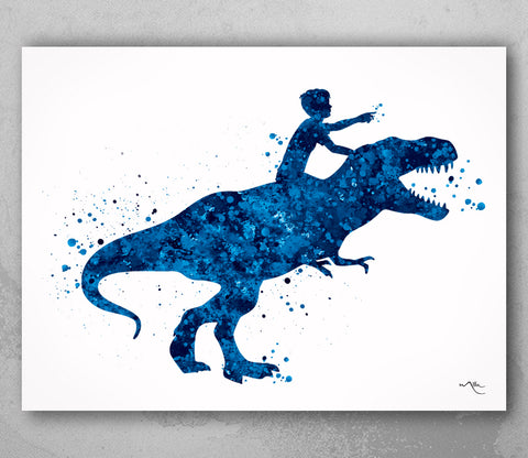 Dinosaur Rider Boy Watercolor Print Little Boy and T-Rex Art Gift Birthday Party Boys Room Decor Wall Art Nursery Decor Wall Hanging-1798