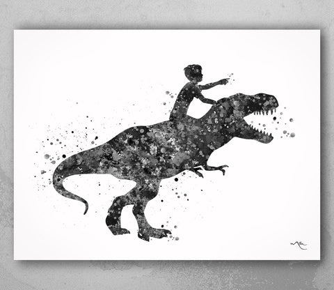 Dinosaur Rider Boy Watercolor Print Little Boy and T-Rex Art Gift Birthday Party Boys Room Decor Wall Art Nursery Decor Wall Hanging-1797