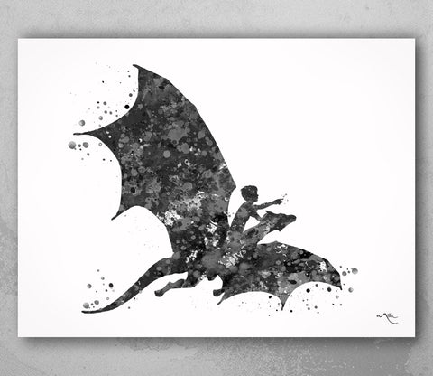 Dragon Rider Boy Watercolor Print Boys Art Teen Room Decor Black White Nursery Wall Art Boy Bedroom Wall Decor Home Decor Wall Hanging-1781