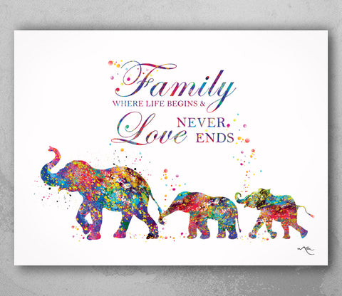 Elephant Family Watercolor Print Mother and Two Babies Kids Family Quote Family Gift Wall Art Christmas Gift Childrens Nursery Decor-1845