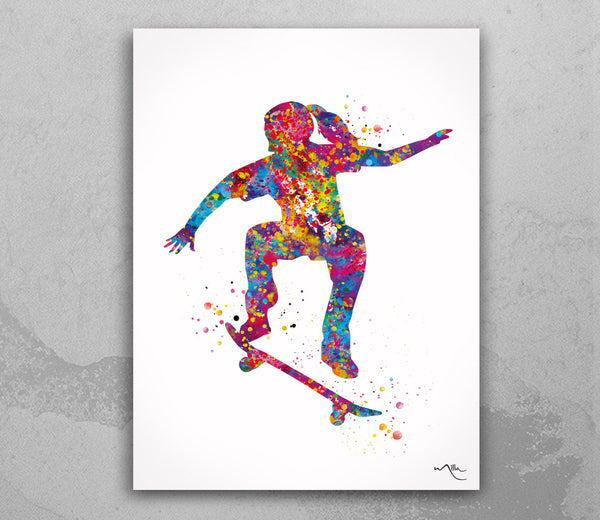 Skateboarder Girl Watercolor Print Skateboard Street Sport Art Wall Art Wall Decor Girls Room Home Decor Nursery Skateboarding Wall Art-1692