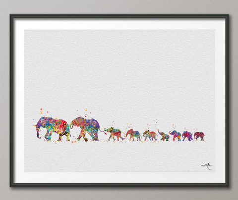 Elephant Family Mom Dad and 7 Baby Print Watercolor Painting Wedding Gift Wall Art Wall Decor Art Nursery Home Decor Wall Hanging-1285 - CocoMilla