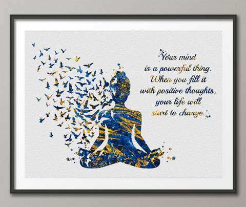 Yoga Woman with Birds Your Mind Life Quote Watercolor Print Studio Room Office House Nursery Decor Housewarming Motivational Wall Art-1478 - CocoMilla