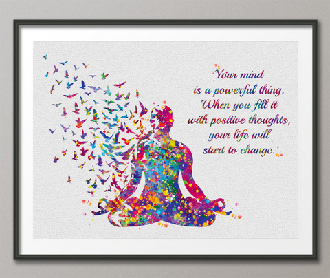 Yoga Man with Birds Your Mind Life Quote Watercolor Print Studio Room Office House Nursery Decor Housewarming Motivational Wall Art-1477 - CocoMilla