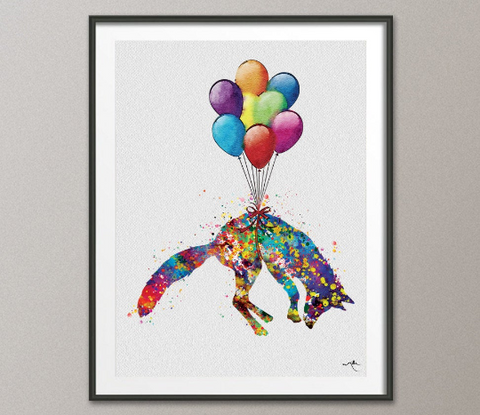 Fox Flying Balloon Watercolor illustrations Art Print Nursery Animal Print Wall Art Giclee Wall Decor Art Home Decor Wall Hanging [No 641] - CocoMilla