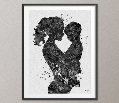 Mother and Son Watercolor Print Parent Gift Family Love Black and White BW Mother and Kids Mum Baby Shower Mom Poster Nursery Wall Decor-43 - CocoMilla