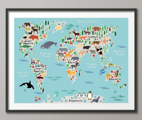 Animal World Map, Animal Map, Worl Map Print, Kids World Map, For Kids, Dorm Room, Nursery Decor, Wall Art, Art Print, World Map Animal-862 - CocoMilla