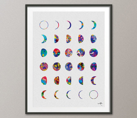 Moon Phases Lunar Chart Watercolor Art Print Wedding Gift Poster Astrology Giclee Wall Decor Wall Hanging Luna Art Nursery Decor [NO 493] - CocoMilla