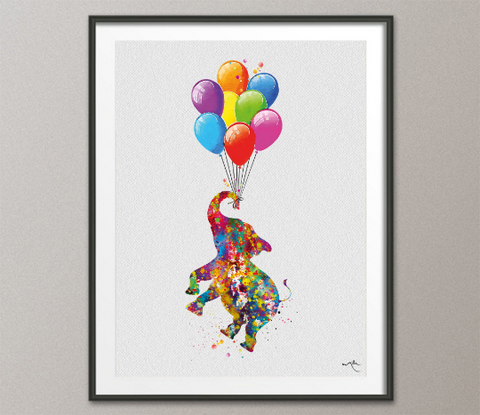 Flying Elephant and Balloon Watercolor Print Baby Shower Gift Birthday Nursery Wall Decor Art Family Love Home Decor Wall Art Hanging-1432 - CocoMilla