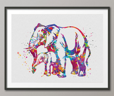 Elephant with Baby Art Print Watercolor Painting Wedding Gift idea Wall Art Nursery Wall Decor Art Family Love Home Decor Wall Hanging-1431 - CocoMilla