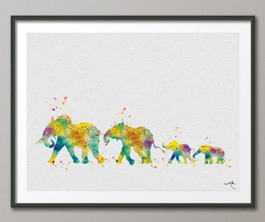 Elephants Family Mom Dad and Babys Yellow Watercolor Print Wedding Gift idea Wall Art Wall Decor Home Decor Wall Hanging New born No 843 - CocoMilla