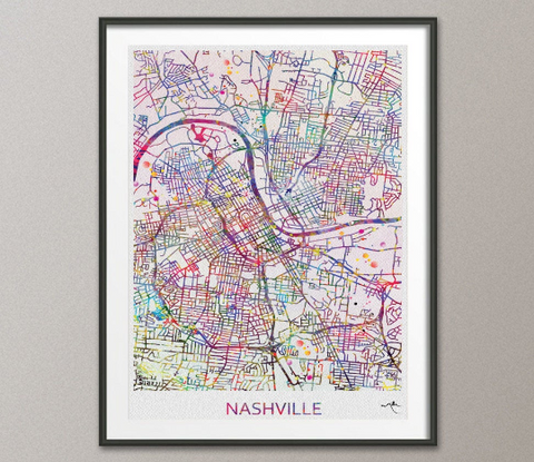 Nashville 2 City Map Print Watercolor Art Print Wall Art Nashville Street Map Travel Wanderlust Decor Wall Hanging Map of Nashville [NO 812] - CocoMilla