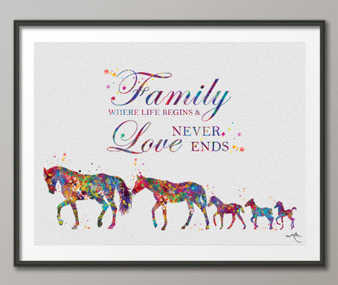 Horse Family Quote Watercolor Print Personelized Horse Lover Art Love Never Ends Nursery Decor Horse Gift Art Home Decor Horse Wall Art-1380 - CocoMilla