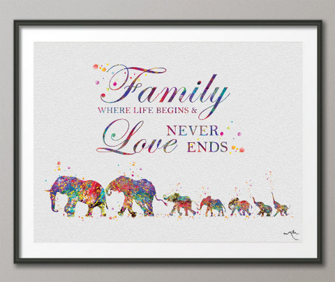 Elephant Family Quote Mom Dad and 5 Babys Art Watercolor Print Nursery Where Life Begins Wedding Gift Wall Art Parent Gift Wall Hanging-1390 - CocoMilla