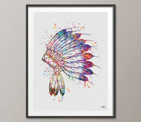 Native American Headdress Indian Chief Art Watercolor Print Wedding Gift Wall Decor Art indian art Nursery Home Decor Wall Hanging No [576] - CocoMilla