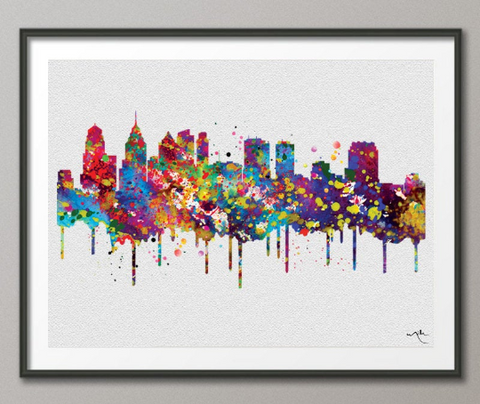 Philadelphia Skyline Watercolor Print Cityscape Office Decor Wedding Gift Philadelphia Pennsylvania Travel Art Wall Decor Wall Hanging-524 - CocoMilla