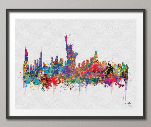 Newyork Skyline United States Watercolor illustrations Art Print Wall Wedding Gift Wall Decor Art Home Decor Wall Hanging [NO 187] - CocoMilla