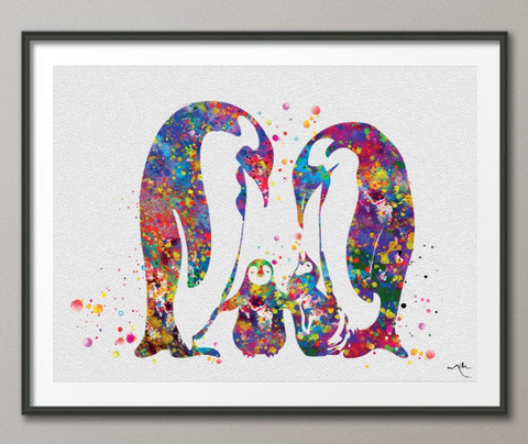 Penguin Family Two Baby Watercolor Art Print Wedding Gift Love Nursery Wall Decor Art Newborn Twin Baby Twins Baby Shower Gift Wall Art-481 - CocoMilla