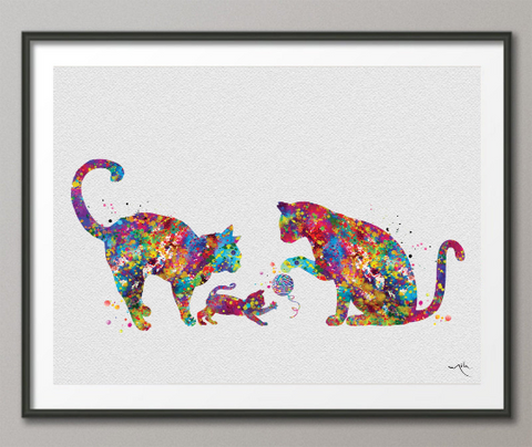 Cat Family Mom Dad and Baby Cat Watercolor Print Kitty Kittens Love Wall Art Friend Pet Love Wall Decor Nursery Decor Kids Wall Hanging-1383 - CocoMilla