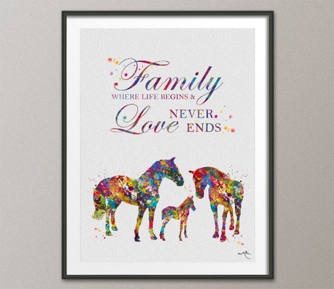 Horse Family Quote Watercolor Print Personelized Horse Lover Art Love Never Ends Nursery Decor Horse Gift Art Home Decor Horse Wall Art-1379 - CocoMilla