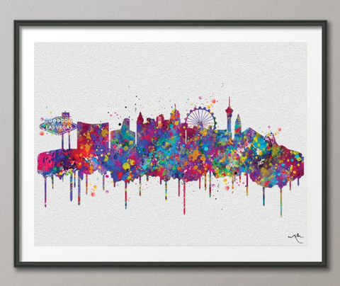 Las Vegas Skyline Watercolor Print Nevada Cityscape Wedding Gift Travel Wall Decor Wanderlust Home Decor Wall Hanging Travel Wall Art-983 - CocoMilla