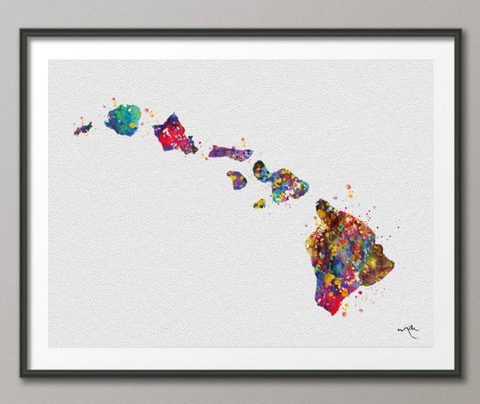 Hawaii Map Watercolor Print illustrations Art Print Wall Wedding Gift Poster Playroom Nursery Wall Decor Home Decor Wall Hanging [NO 433] - CocoMilla