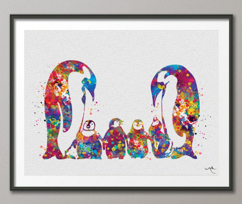 Penguin Family Four Baby Watercolor Art Print Wedding Gift Love Nursery Wall Decor Art Newborn quadruplet Baby Shower Gift Wall Art-479 - CocoMilla