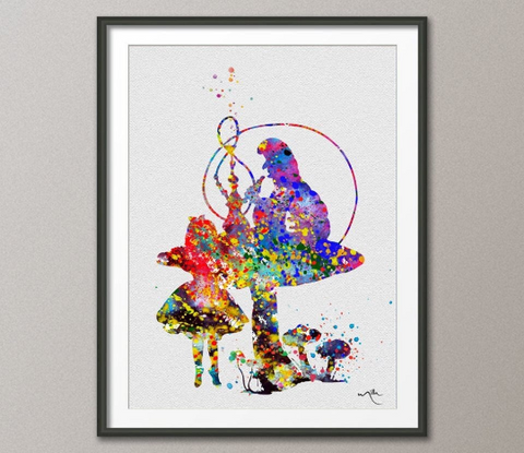 Alice in Wonderland and Caterpillar Watercolor Print Kids Wall Art Nursery Fairy Tale Princess Wall Art Home Decor Wall Hanging [No 103] - CocoMilla