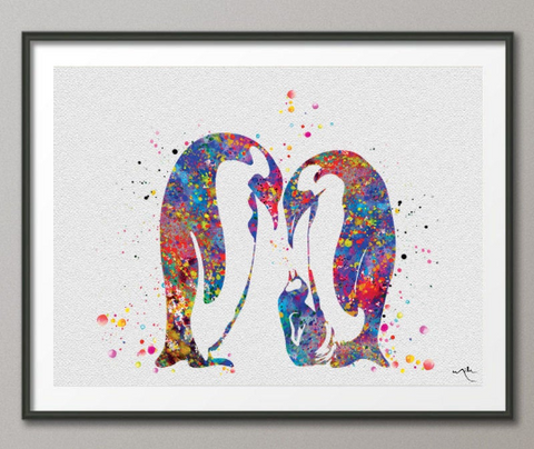 Penguin Family Watercolor Art Print Wedding Gift Love Nursery Wall Art Giclee Wall Decor Art Home Decor Wall Hanging Housewares [NO 606] - CocoMilla