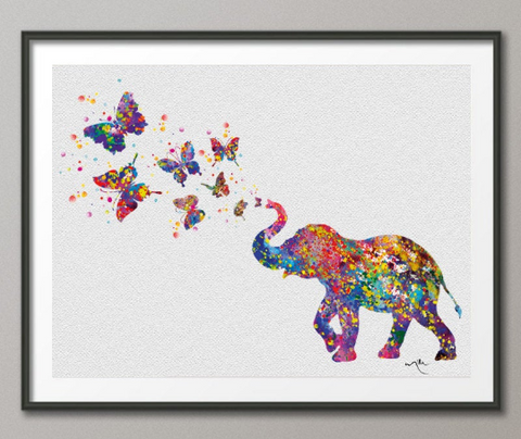 Elephant Spraying Butterfly Art Print Watercolor Painting Wedding Gift idea Wall Art Nursery Wall Decor Art Home Decor Wall Hanging [NO 281] - CocoMilla