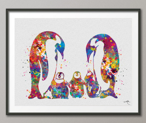 Penguin Family Three Baby Watercolor Art Print Wedding Gift Love Nursery Wall Decor Art Newborn Wall Hanging Baby Shower Gift Wall Art-1230 - CocoMilla