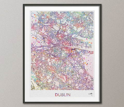 Dublin City Map Print Watercolor Art Print Wall Art Ireland Dublin Street Map Travel Wanderlust Decor Wall Hanging Map of Dublin [NO 807] - CocoMilla