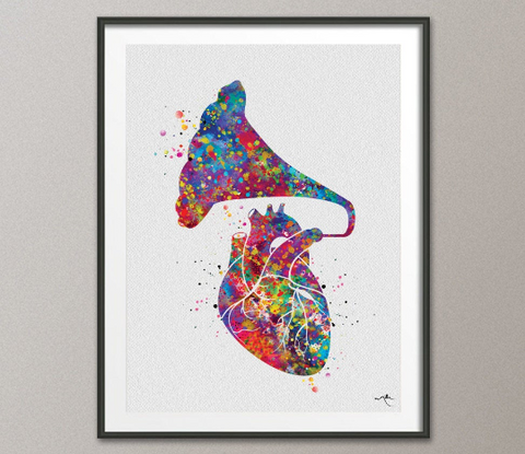 Heart Gramaphone Music Love Heart Anatomy Watercolor Print Cardiology Decor Medical Print Record Player Geek Nerd Doctor Wall Hanging-982 - CocoMilla