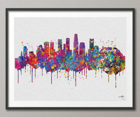 Los Angeles California Skyline Watercolor Art Print Wall Wedding Gift Holywood Wall Decor Art Home Decor Wall Hanging Traveller Art-369 - CocoMilla