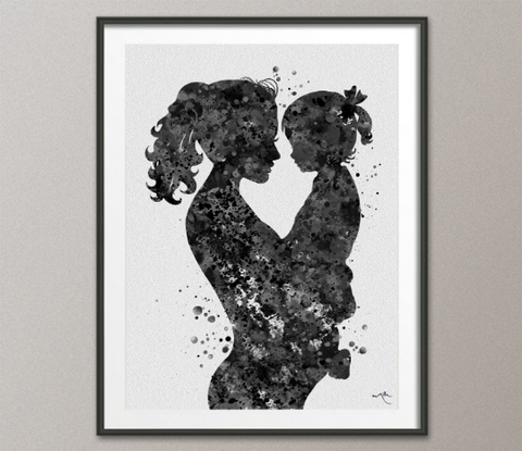 Mother and Daughter Watercolor Print Black and White Mother with Baby Parent Love Mother and Children New Mum Baby Shower Nursery Decor-39 - CocoMilla