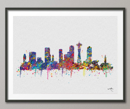 Seattle Skyline, Seattle Washington Cityscape Watercolor Art Print Wedding Gift Poster Giclee Wall Decor Wall Hanging [NO 492] - CocoMilla