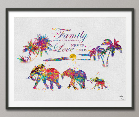 Elephant Family Quote Art Watercolor Print Wedding Gift Anniversary Gift Wall Art Nursery Wall Decor Family Art Home Decor Wall Hanging-1369 - CocoMilla