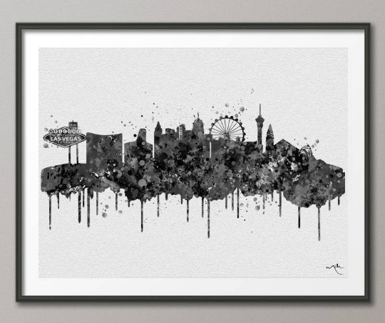 Las Vegas Skyline Watercolor Print Black White Nevada Cityscape Wedding Gift Travel Wanderlust Home Decor Wall Hanging Travel Wall Art-1161 - CocoMilla