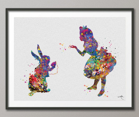 Alice and White Rabbit Alice in Wonderland Watercolor Print Princess Nursery Print Kids Wall Decor Girls Room Decor Children's Gift-157 - CocoMilla