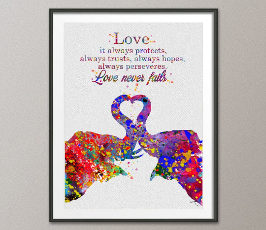 Elephant KISS Quote Love is patient Love is kind Art Print Watercolor Print Wedding Gift Wall Art Wall Decor Home Decor Wall Hanging-1191 - CocoMilla