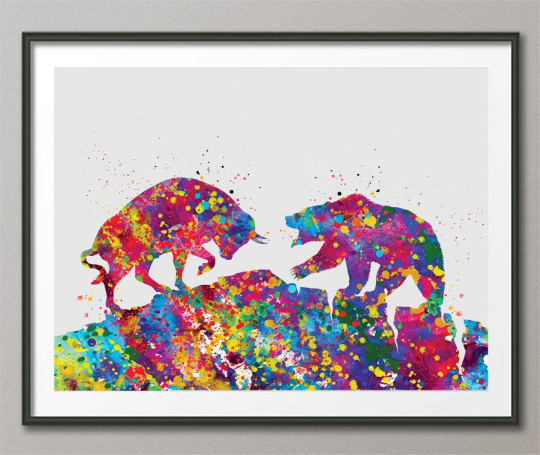 Bull and Bear Watercolor Print Office Decor Wall street Stock Market Exchange Bull vs. Bear Business World Wall Art Investor Trader Gift-702 - CocoMilla